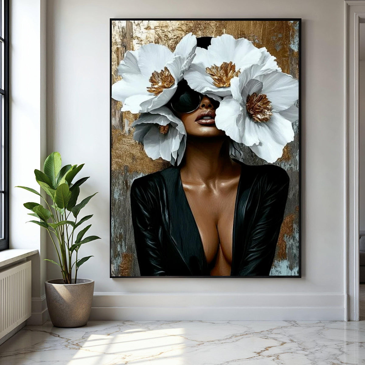 Elegant Woman with Oversized White Flowers Canvas, Modern Glamour Wall Art, Fashion Portrait Canvas, Chic Home Gift Art, Home Decor, Print