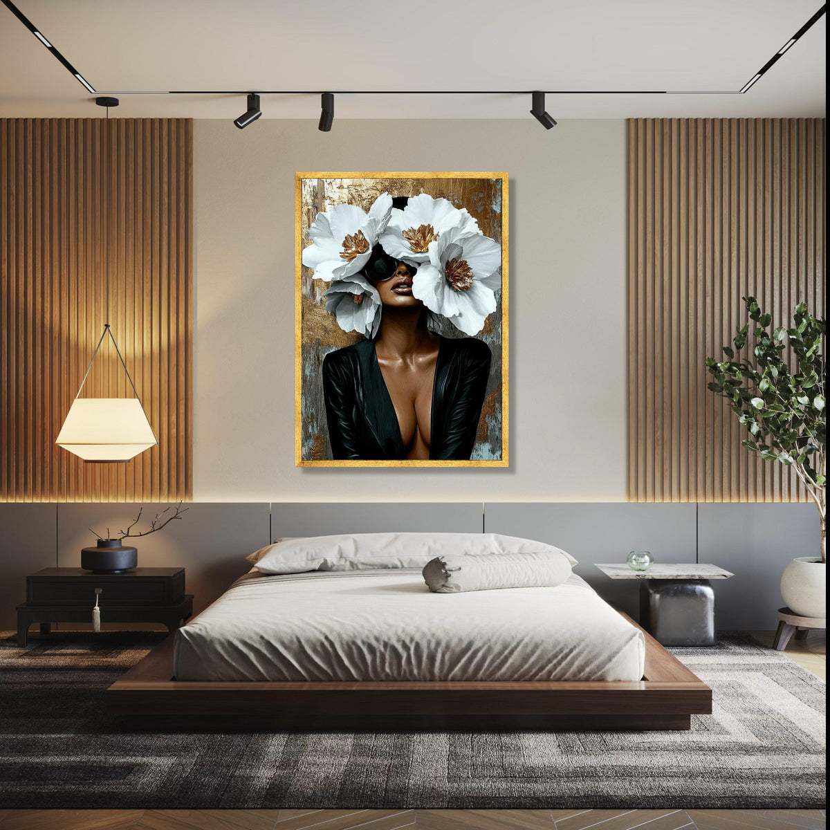 Elegant Woman with Oversized White Flowers Canvas, Modern Glamour Wall Art, Fashion Portrait Canvas, Chic Home Gift Art, Home Decor, Print