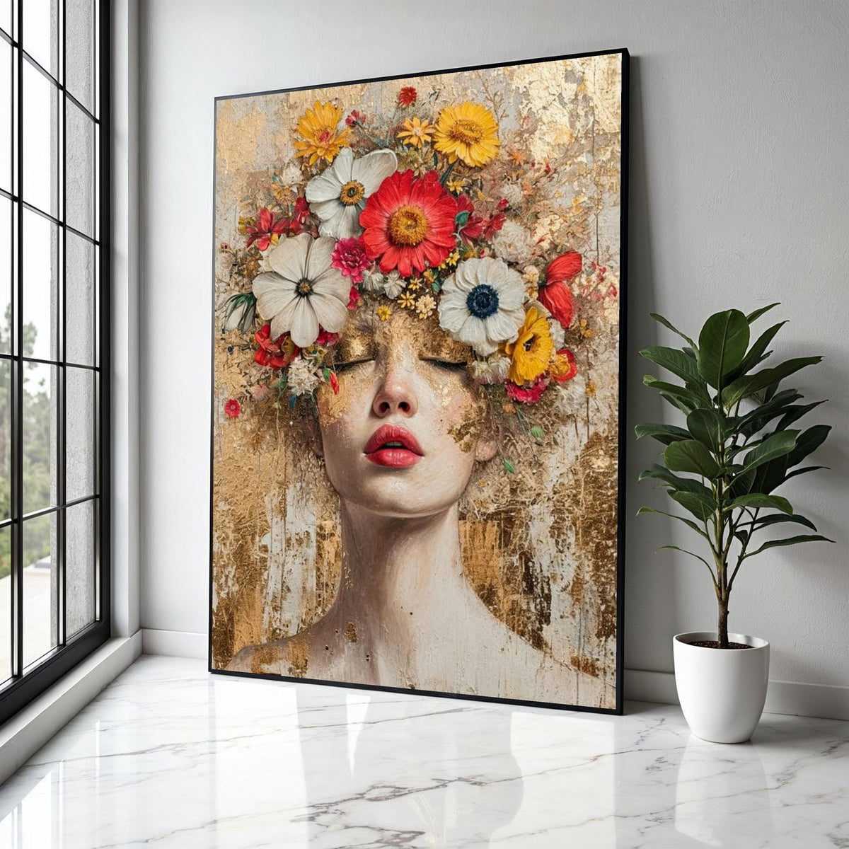 Floral Crown Woman Portrait Canvas, Modern Abstract Face Art, Mixed Media Wall Decor, Feminine Botanical Canvas, Gift Art, Home Decor, Print