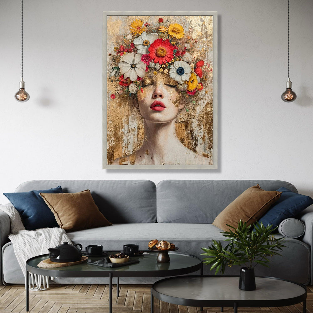Floral Crown Woman Portrait Canvas, Modern Abstract Face Art, Mixed Media Wall Decor, Feminine Botanical Canvas, Gift Art, Home Decor, Print