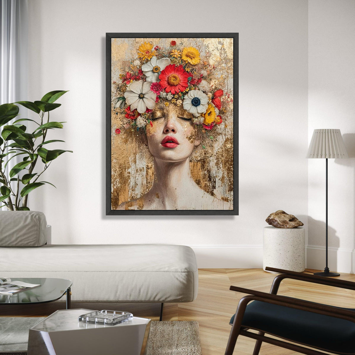 Floral Crown Woman Portrait Canvas, Modern Abstract Face Art, Mixed Media Wall Decor, Feminine Botanical Canvas, Gift Art, Home Decor, Print