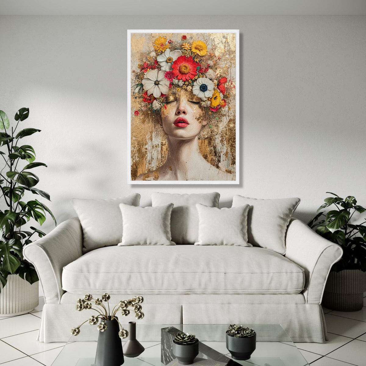 Floral Crown Woman Portrait Canvas, Modern Abstract Face Art, Mixed Media Wall Decor, Feminine Botanical Canvas, Gift Art, Home Decor, Print