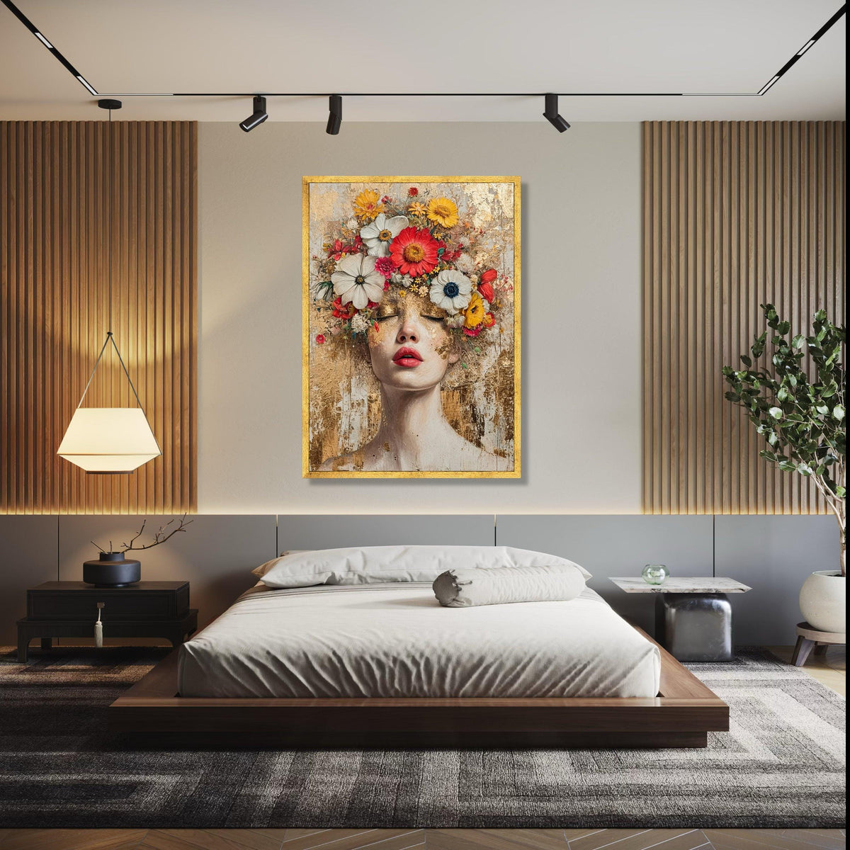 Floral Crown Woman Portrait Canvas, Modern Abstract Face Art, Mixed Media Wall Decor, Feminine Botanical Canvas, Gift Art, Home Decor, Print