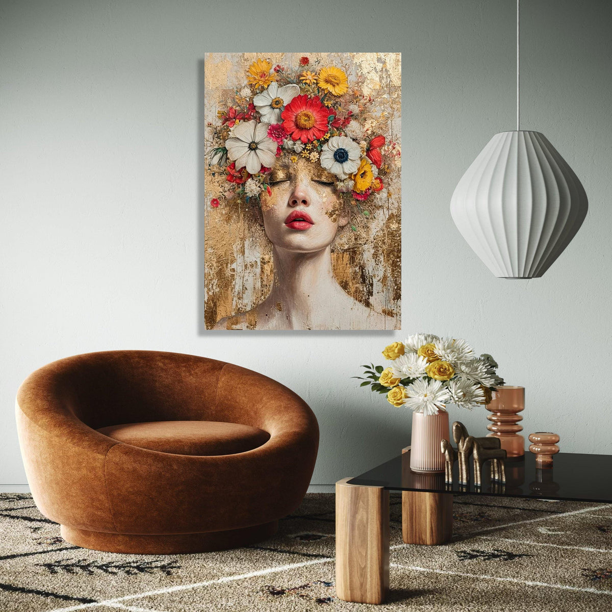Floral Crown Woman Portrait Canvas, Modern Abstract Face Art, Mixed Media Wall Decor, Feminine Botanical Canvas, Gift Art, Home Decor, Print