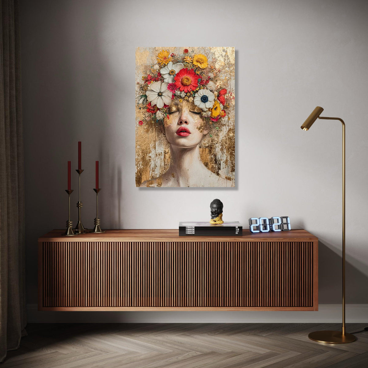 Floral Crown Woman Portrait Canvas, Modern Abstract Face Art, Mixed Media Wall Decor, Feminine Botanical Canvas, Gift Art, Home Decor, Print