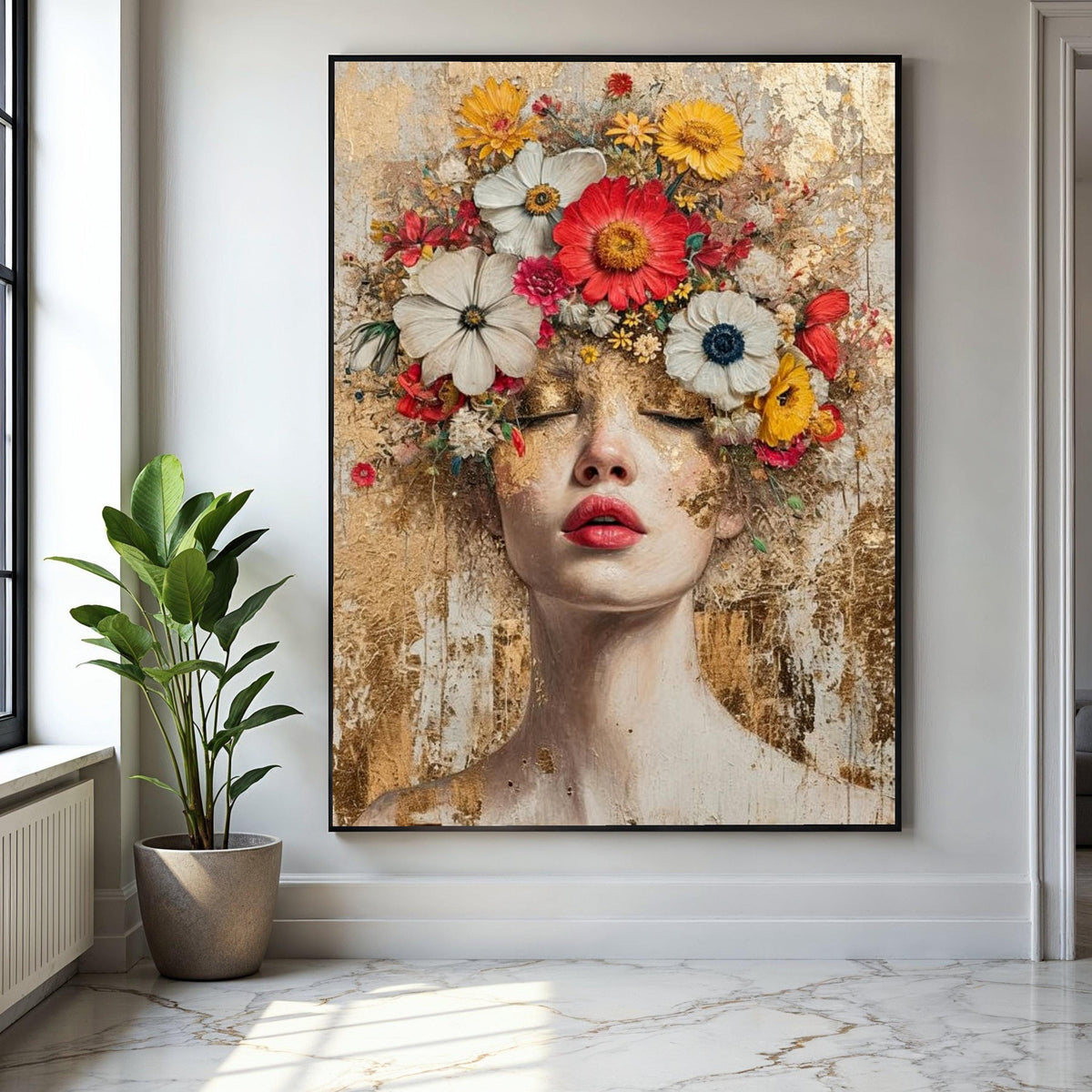 Floral Crown Woman Portrait Canvas, Modern Abstract Face Art, Mixed Media Wall Decor, Feminine Botanical Canvas, Gift Art, Home Decor, Print
