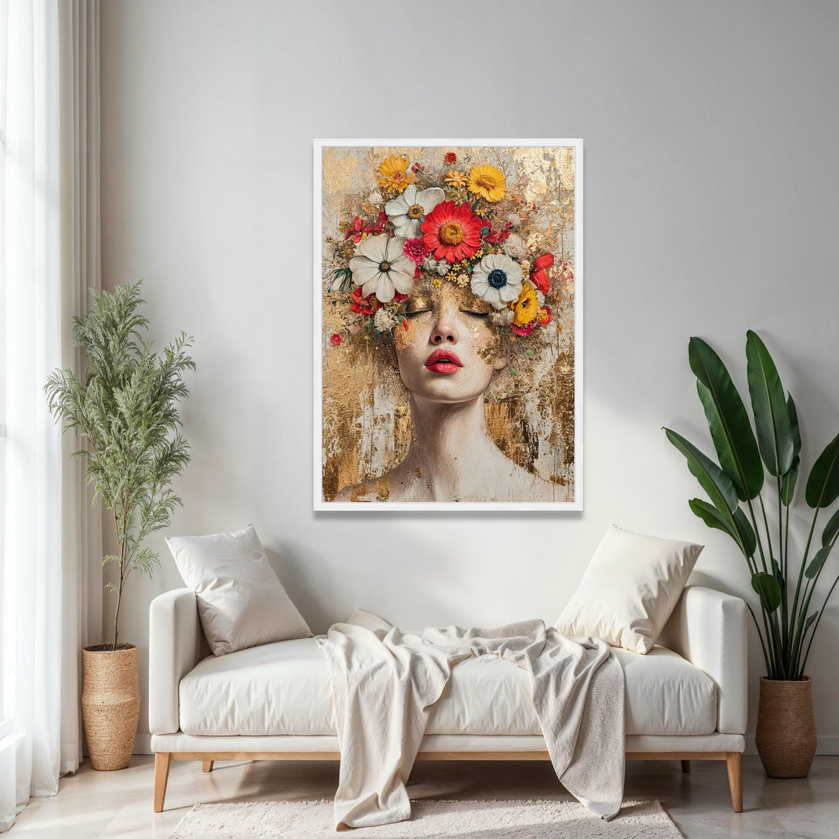 Floral Crown Woman Portrait Canvas, Modern Abstract Face Art, Mixed Media Wall Decor, Feminine Botanical Canvas, Gift Art, Home Decor, Print