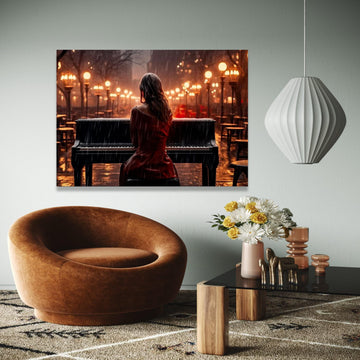 Rainy Evening Piano Player Canvas, Romantic Music Wall Art, Outdoor Night Scene Canvas, Ambient Street Lights Gift Art, Home Decor, Print