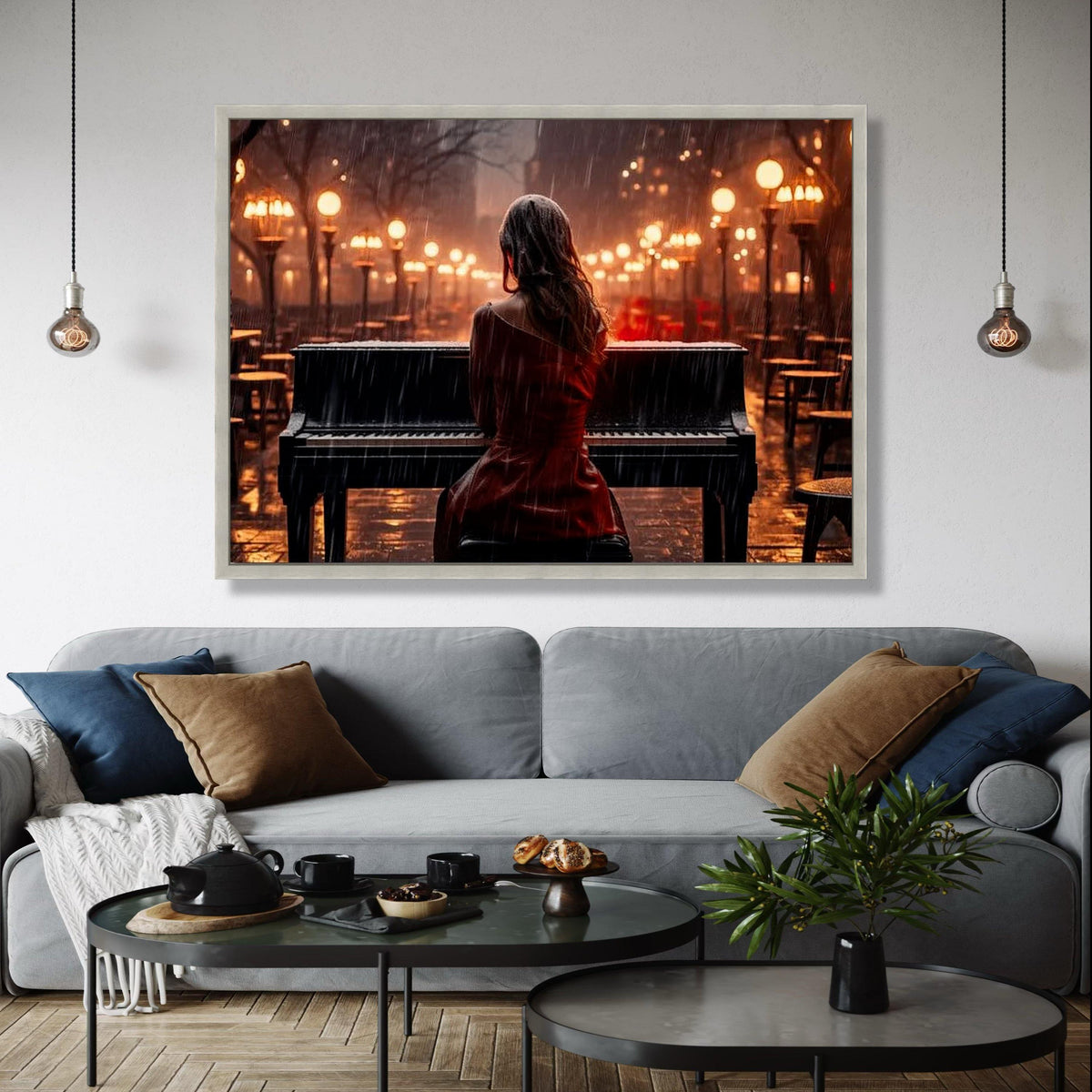 Rainy Evening Piano Player Canvas, Romantic Music Wall Art, Outdoor Night Scene Canvas, Ambient Street Lights Gift Art, Home Decor, Print