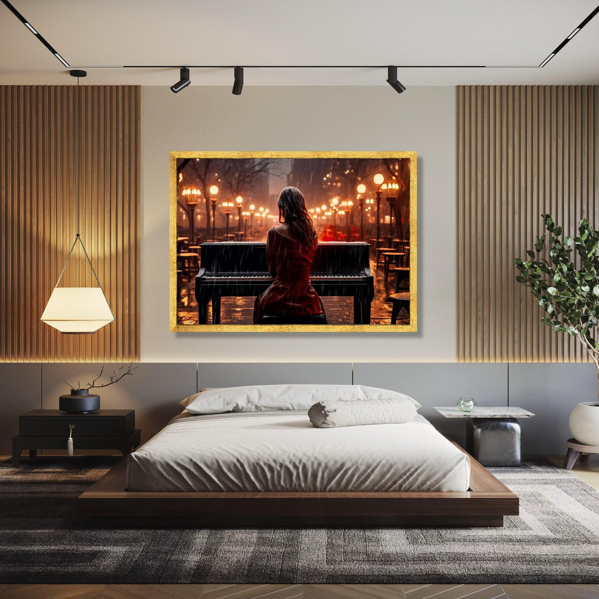 Rainy Evening Piano Player Canvas, Romantic Music Wall Art, Outdoor Night Scene Canvas, Ambient Street Lights Gift Art, Home Decor, Print
