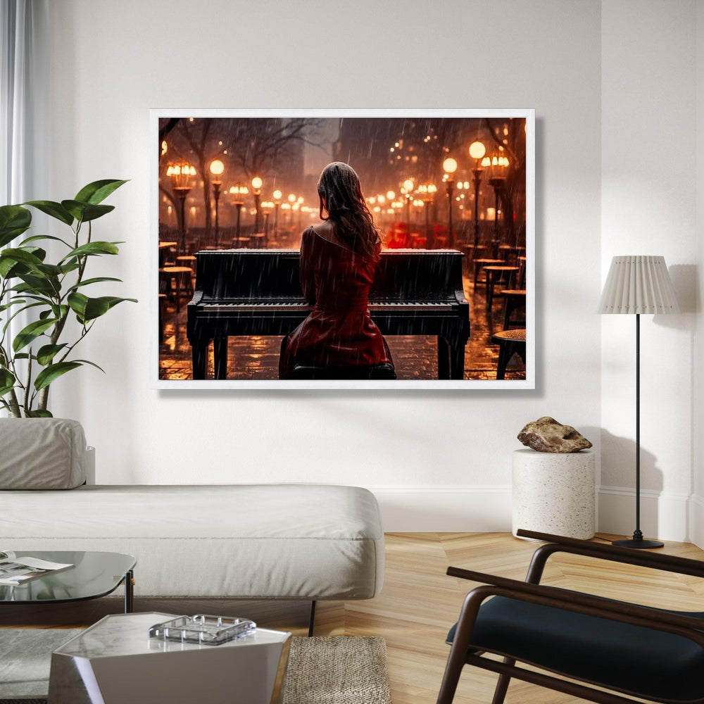 Rainy Evening Piano Player Canvas, Romantic Music Wall Art, Outdoor Night Scene Canvas, Ambient Street Lights Gift Art, Home Decor, Print