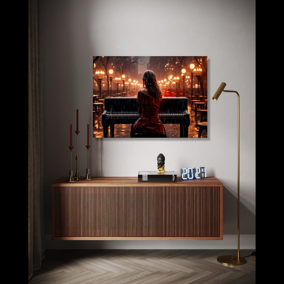 Rainy Evening Piano Player Canvas, Romantic Music Wall Art, Outdoor Night Scene Canvas, Ambient Street Lights Gift Art, Home Decor, Print