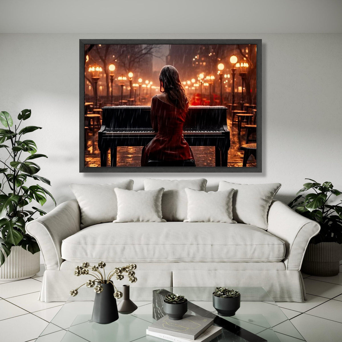 Rainy Evening Piano Player Canvas, Romantic Music Wall Art, Outdoor Night Scene Canvas, Ambient Street Lights Gift Art, Home Decor, Print