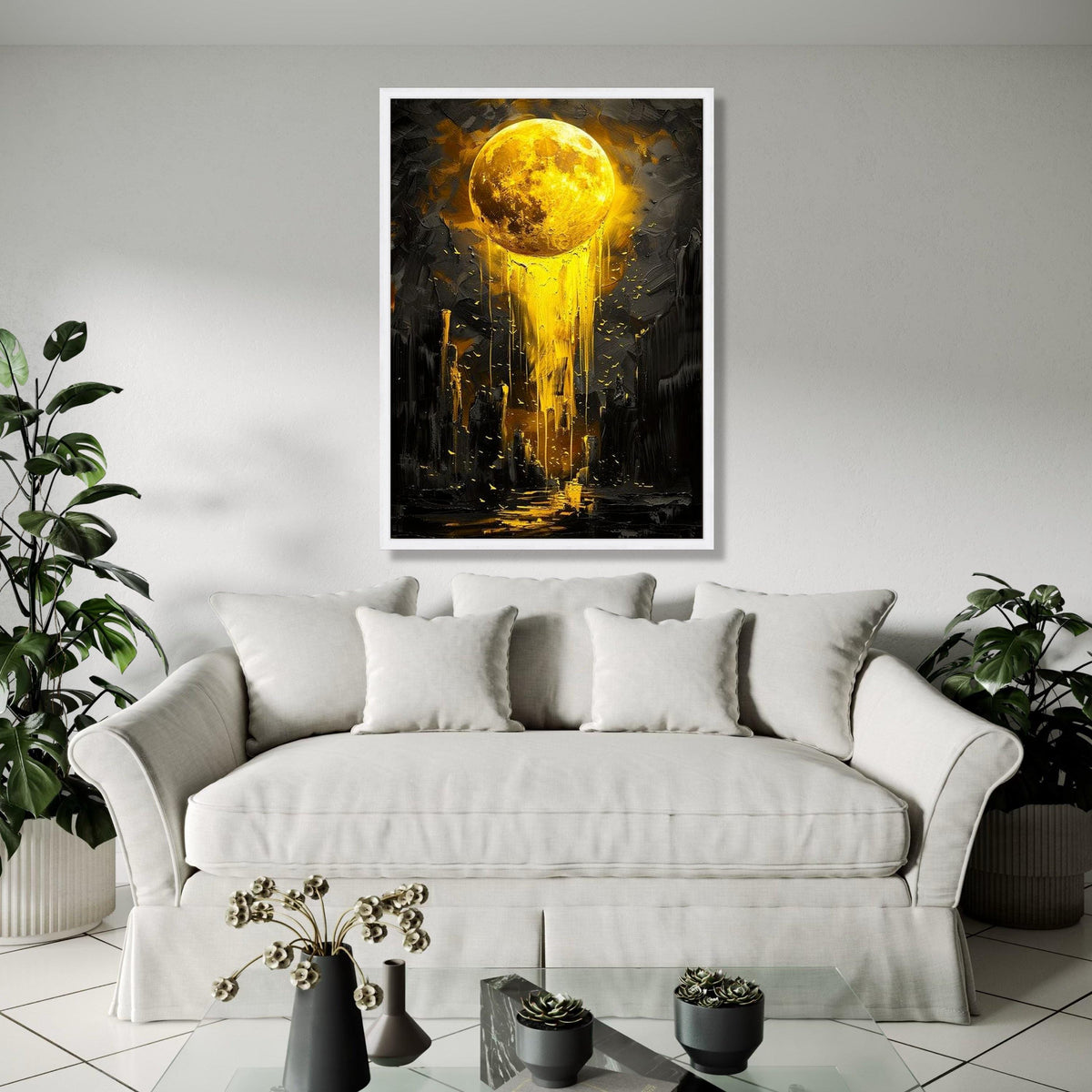 Golden Moon Drip Canvas, Abstract Lunar Wall Art, Modern Yellow Night Sky Painting, Cosmic Canvas Decor, Surreal Gift Art, Home Decor, Print