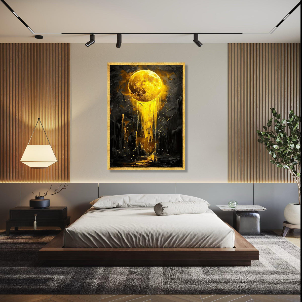 Golden Moon Drip Canvas, Abstract Lunar Wall Art, Modern Yellow Night Sky Painting, Cosmic Canvas Decor, Surreal Gift Art, Home Decor, Print