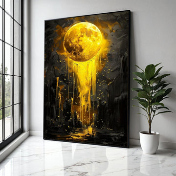 Golden Moon Drip Canvas, Abstract Lunar Wall Art, Modern Yellow Night Sky Painting, Cosmic Canvas Decor, Surreal Gift Art, Home Decor, Print