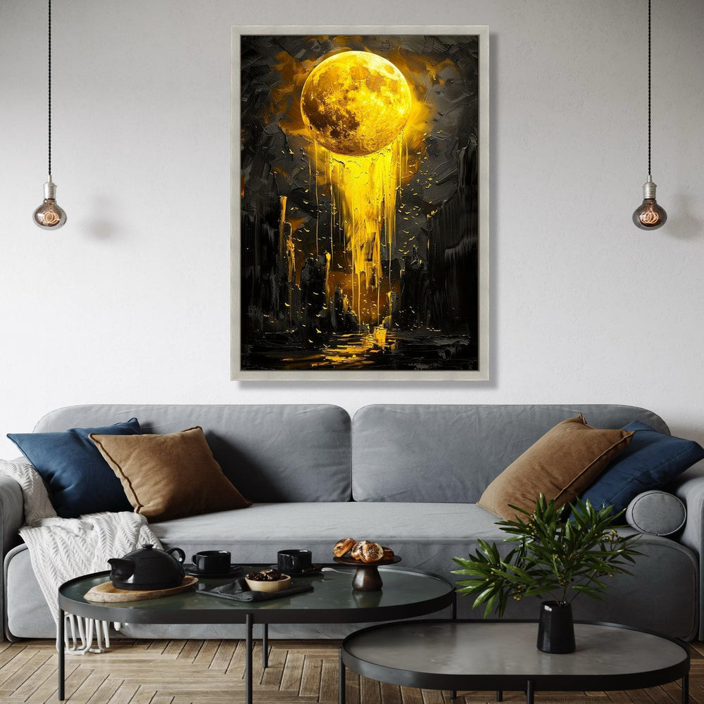 Golden Moon Drip Canvas, Abstract Lunar Wall Art, Modern Yellow Night Sky Painting, Cosmic Canvas Decor, Surreal Gift Art, Home Decor, Print