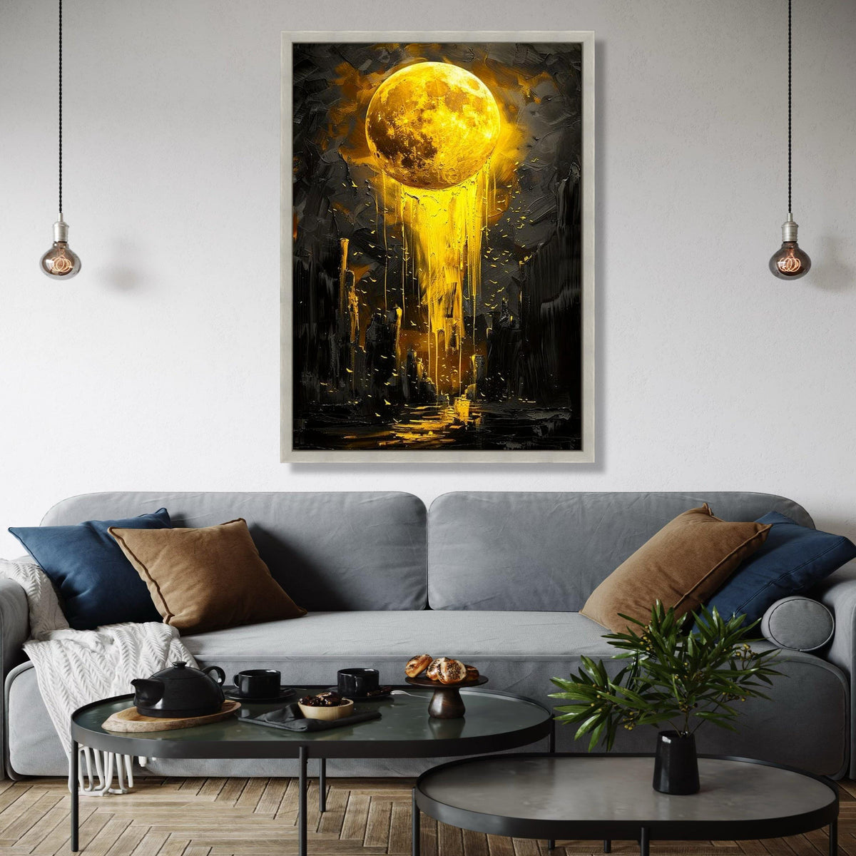 Golden Moon Drip Canvas, Abstract Lunar Wall Art, Modern Yellow Night Sky Painting, Cosmic Canvas Decor, Surreal Gift Art, Home Decor, Print
