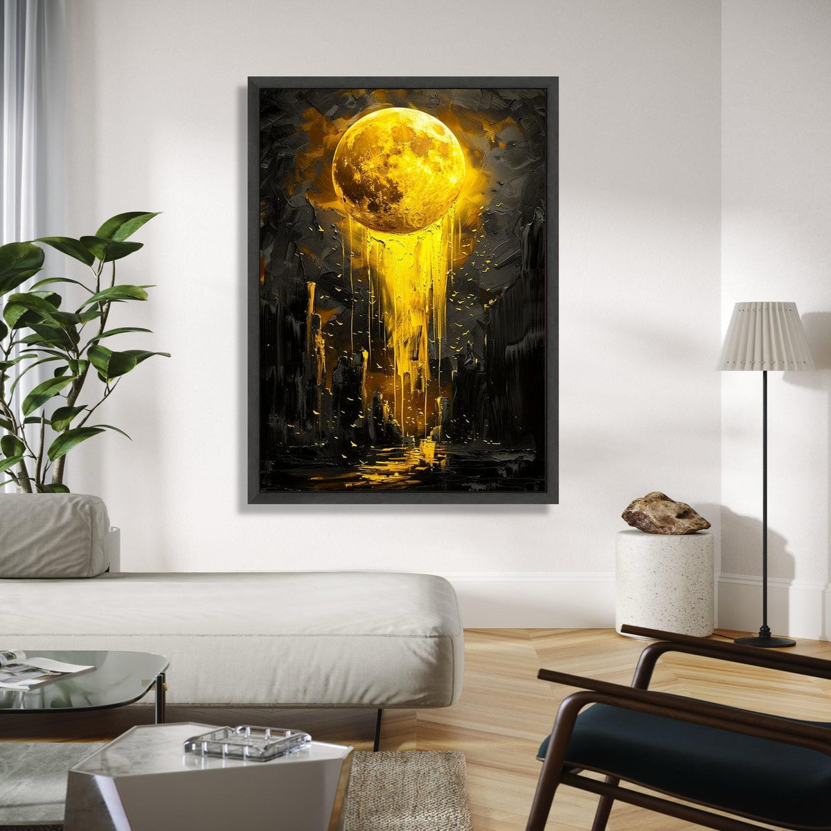 Golden Moon Drip Canvas, Abstract Lunar Wall Art, Modern Yellow Night Sky Painting, Cosmic Canvas Decor, Surreal Gift Art, Home Decor, Print