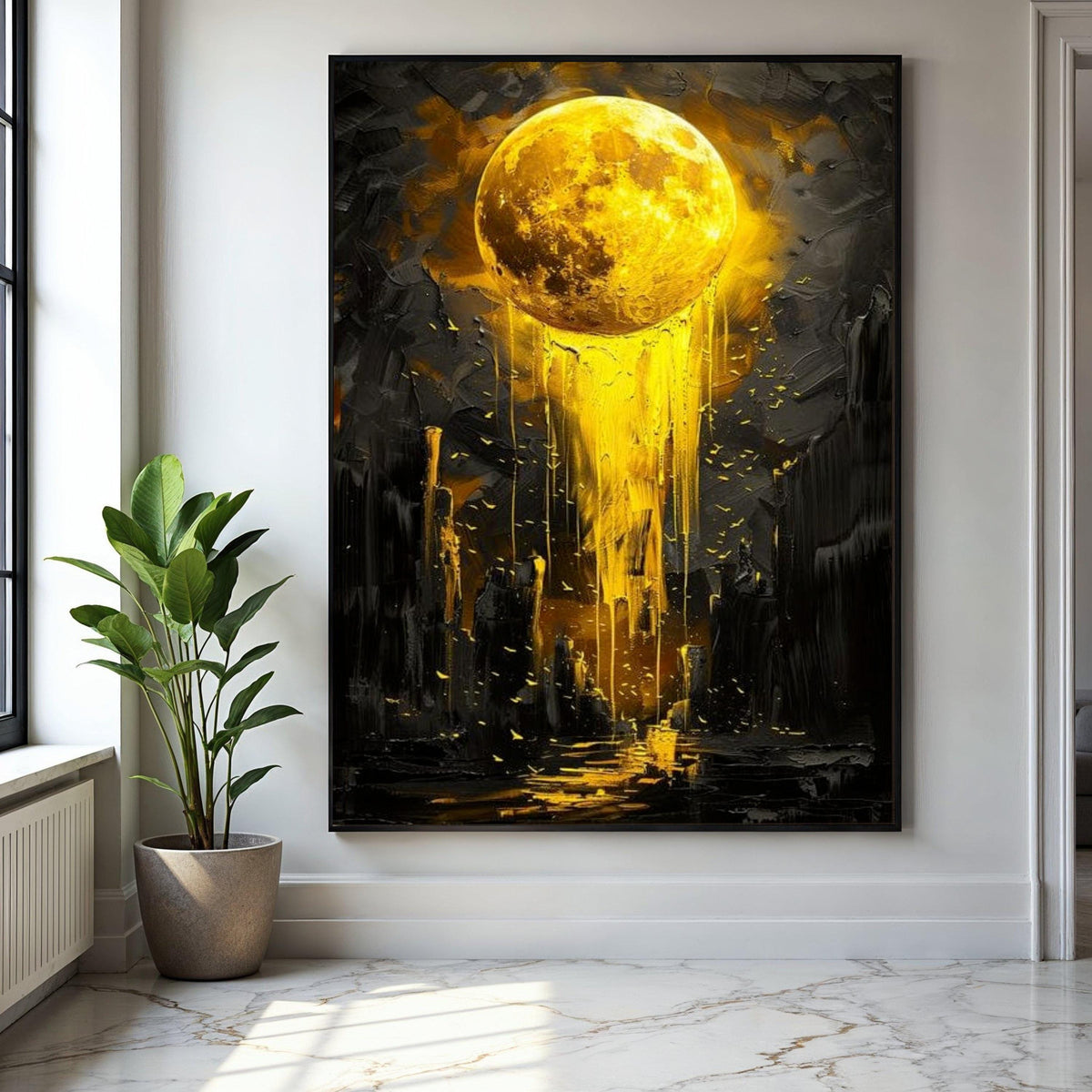 Golden Moon Drip Canvas, Abstract Lunar Wall Art, Modern Yellow Night Sky Painting, Cosmic Canvas Decor, Surreal Gift Art, Home Decor, Print