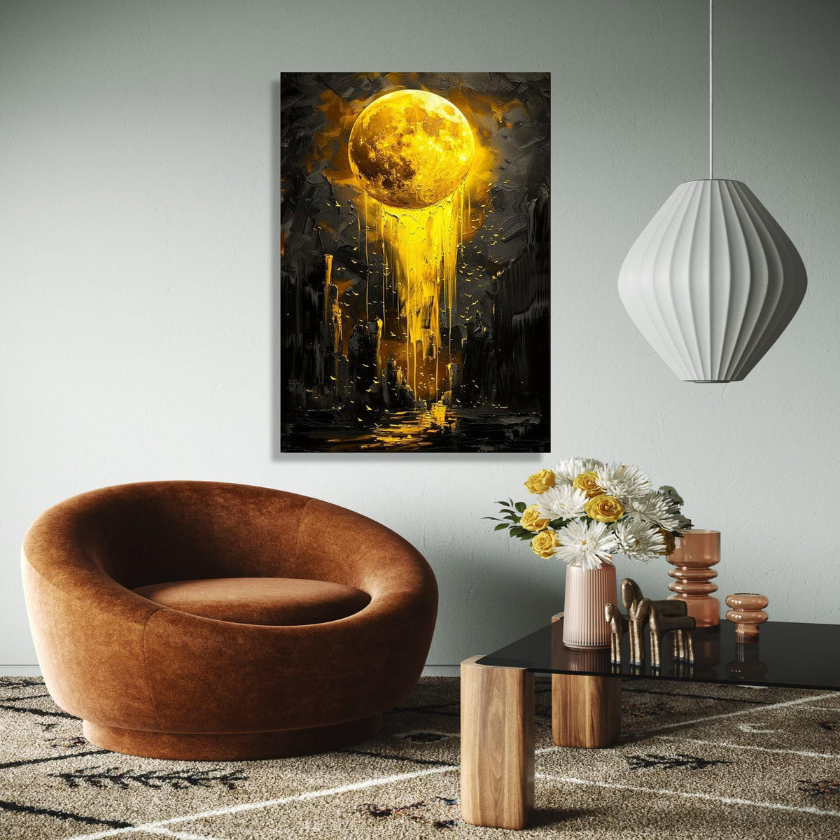 Golden Moon Drip Canvas, Abstract Lunar Wall Art, Modern Yellow Night Sky Painting, Cosmic Canvas Decor, Surreal Gift Art, Home Decor, Print