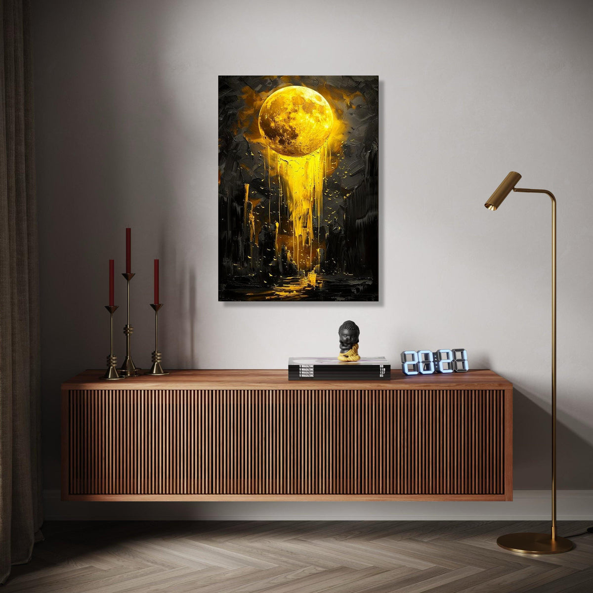 Golden Moon Drip Canvas, Abstract Lunar Wall Art, Modern Yellow Night Sky Painting, Cosmic Canvas Decor, Surreal Gift Art, Home Decor, Print