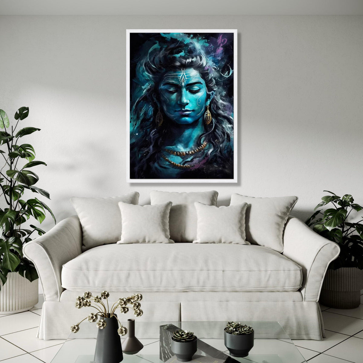 Serene Lord Shiva Portrait Canvas, Blue Hindu Deity Wall Art, Spiritual Meditation Decor, Indian Mythology Gift Art, Home Decor, Print