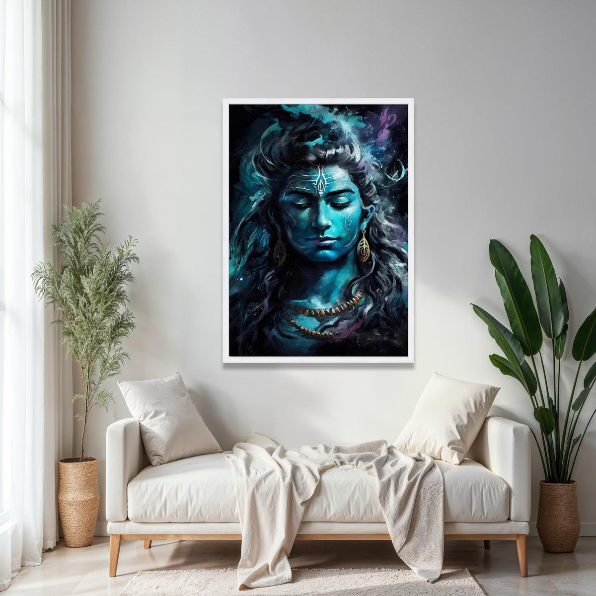 Serene Lord Shiva Portrait Canvas, Blue Hindu Deity Wall Art, Spiritual Meditation Decor, Indian Mythology Gift Art, Home Decor, Print