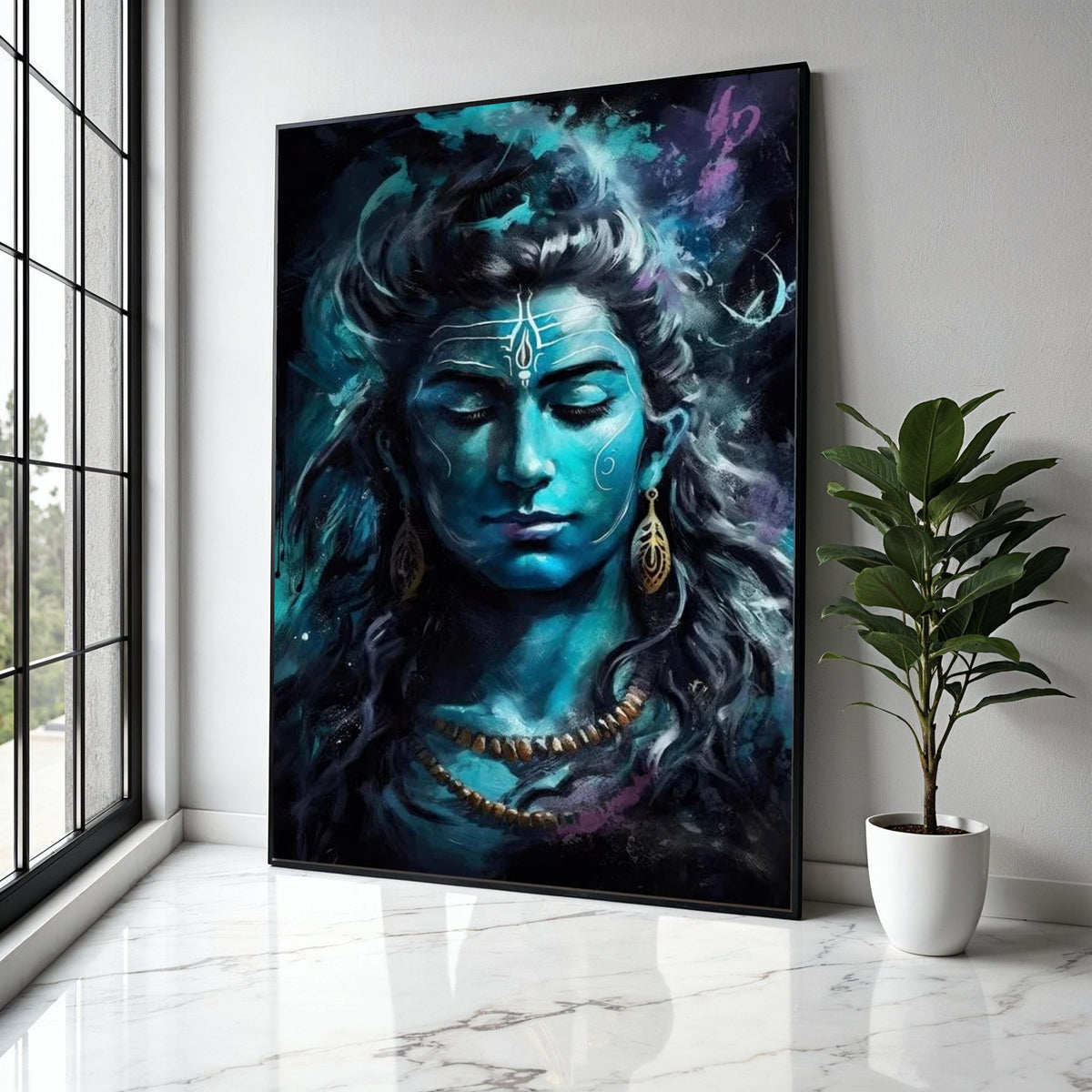 Serene Lord Shiva Portrait Canvas, Blue Hindu Deity Wall Art, Spiritual Meditation Decor, Indian Mythology Gift Art, Home Decor, Print