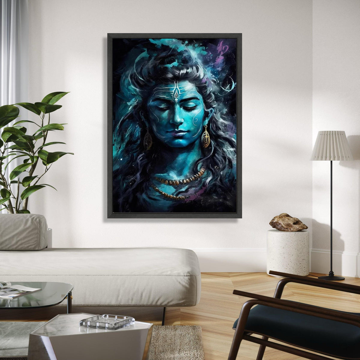 Serene Lord Shiva Portrait Canvas, Blue Hindu Deity Wall Art, Spiritual Meditation Decor, Indian Mythology Gift Art, Home Decor, Print