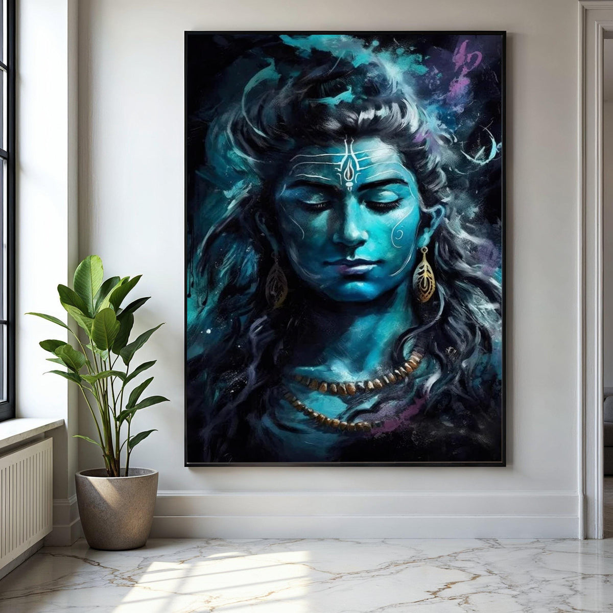 Serene Lord Shiva Portrait Canvas, Blue Hindu Deity Wall Art, Spiritual Meditation Decor, Indian Mythology Gift Art, Home Decor, Print