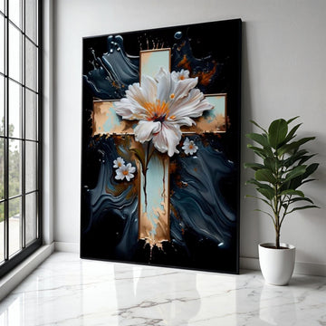 Elegant White Floral Cross Canvas Wall Art, Spiritual Flower Painting, Religious Home Decor, Abstract Background Gift Art, Home Decor, Print