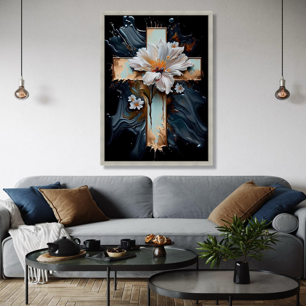 Elegant White Floral Cross Canvas Wall Art, Spiritual Flower Painting, Religious Home Decor, Abstract Background Gift Art, Home Decor, Print