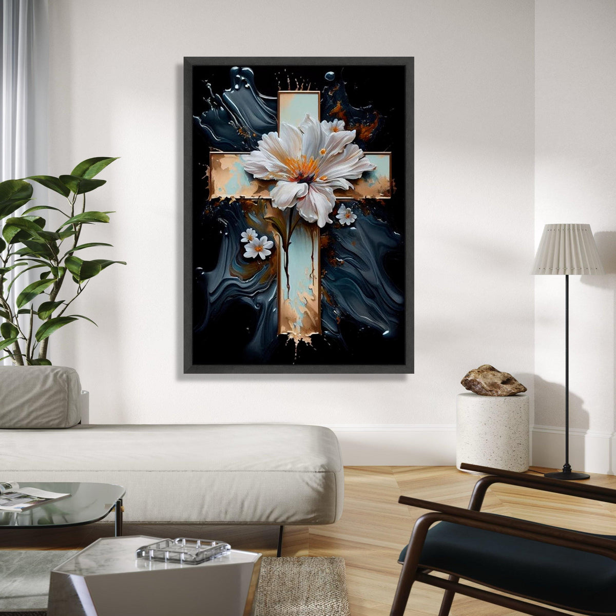 Elegant White Floral Cross Canvas Wall Art, Spiritual Flower Painting, Religious Home Decor, Abstract Background Gift Art, Home Decor, Print