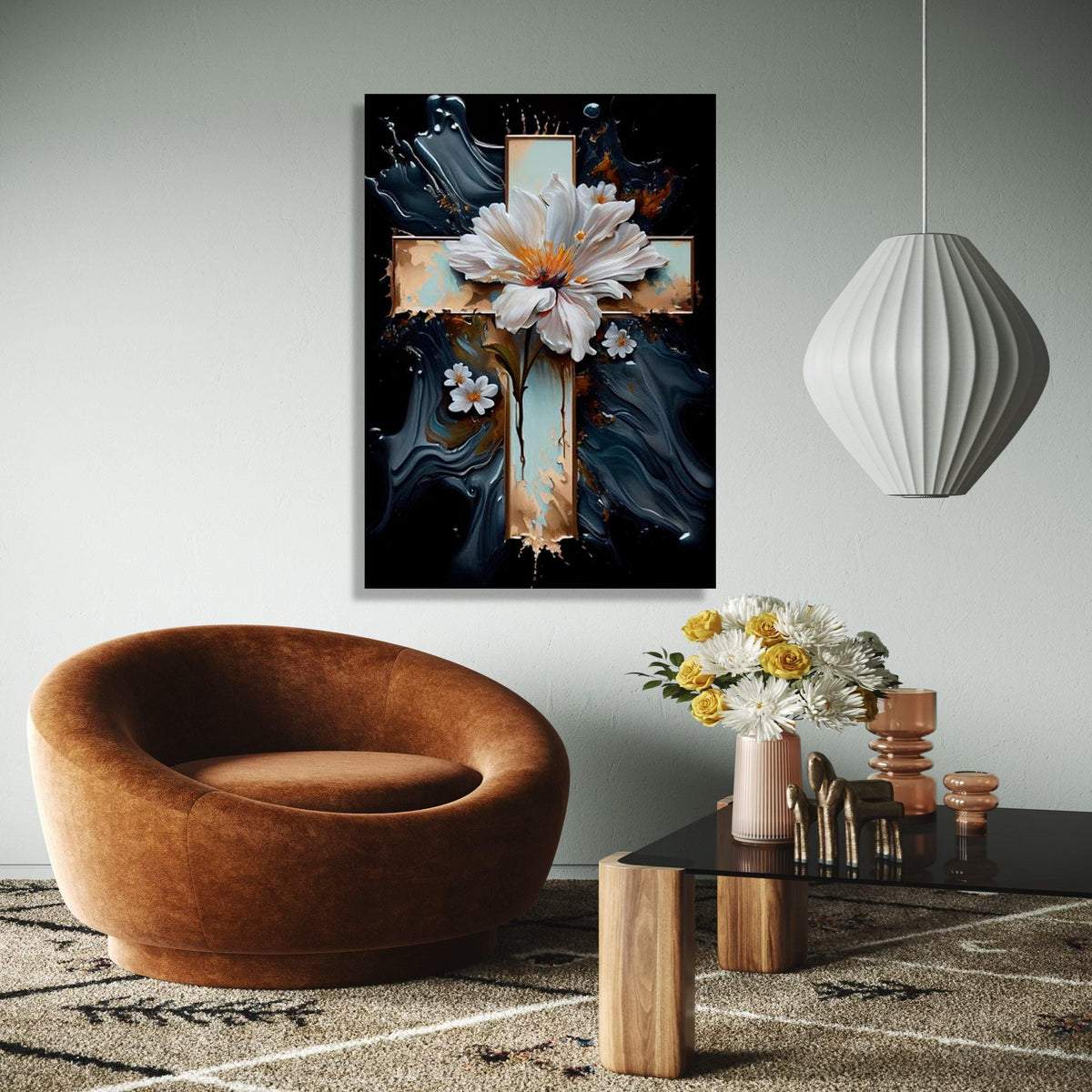 Elegant White Floral Cross Canvas Wall Art, Spiritual Flower Painting, Religious Home Decor, Abstract Background Gift Art, Home Decor, Print