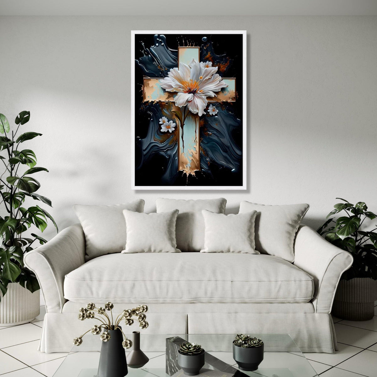 Elegant White Floral Cross Canvas Wall Art, Spiritual Flower Painting, Religious Home Decor, Abstract Background Gift Art, Home Decor, Print