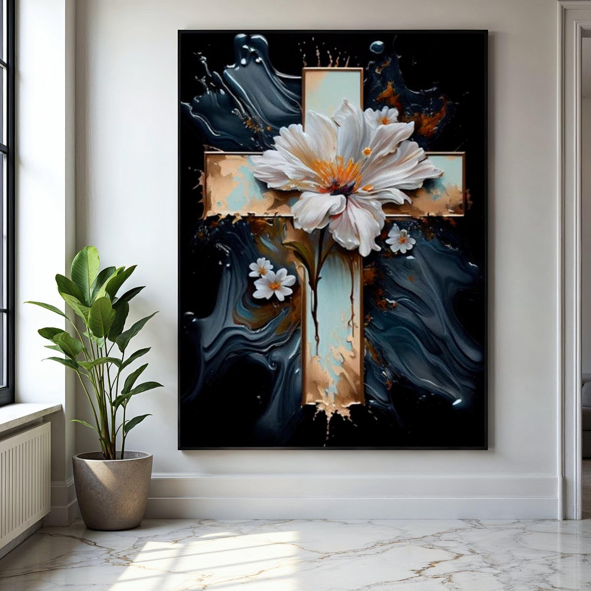 Elegant White Floral Cross Canvas Wall Art, Spiritual Flower Painting, Religious Home Decor, Abstract Background Gift Art, Home Decor, Print