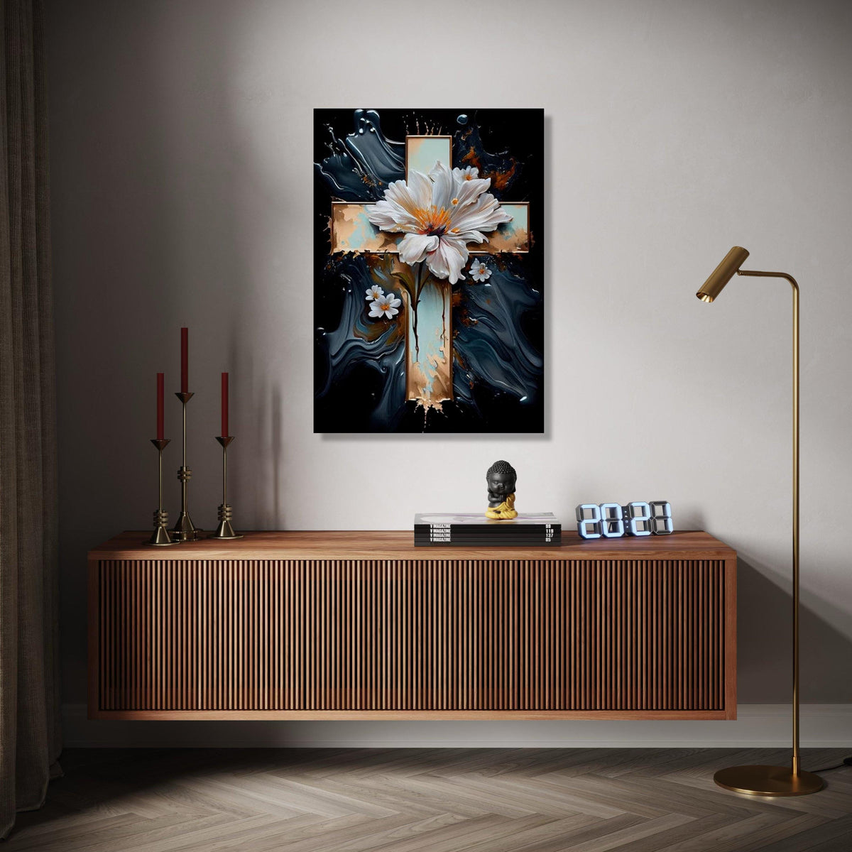 Elegant White Floral Cross Canvas Wall Art, Spiritual Flower Painting, Religious Home Decor, Abstract Background Gift Art, Home Decor, Print