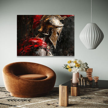 Spartan Warrior Helmet Canvas, Ancient Gladiator Wall Art, Red and Gold Armor Painting, Medieval Soldier Canvas, Gift Art, Home Decor, Print