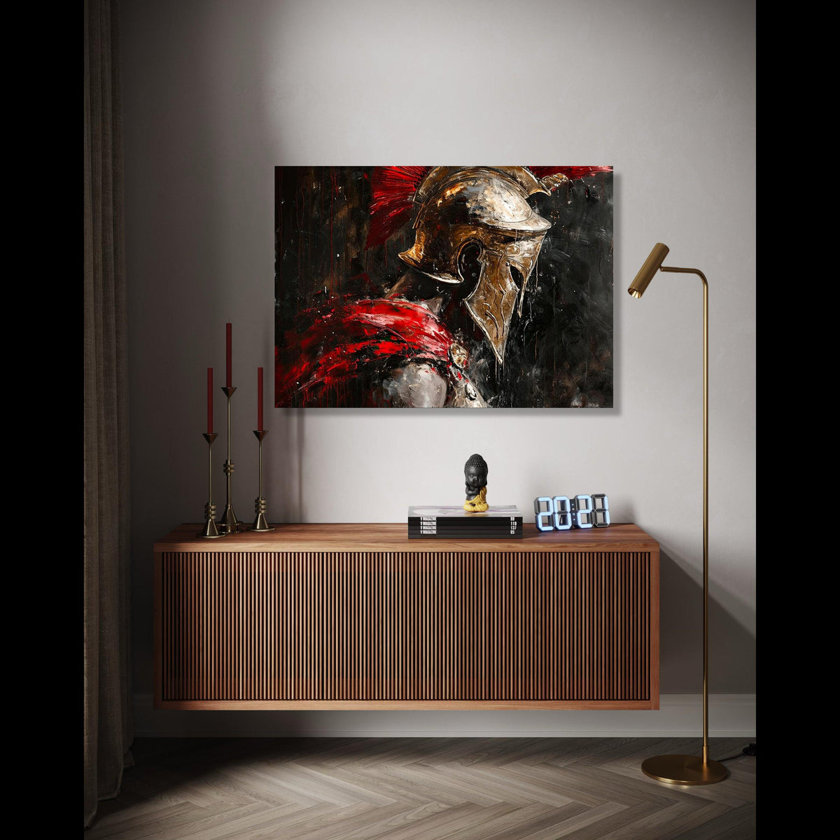 Spartan Warrior Helmet Canvas, Ancient Gladiator Wall Art, Red and Gold Armor Painting, Medieval Soldier Canvas, Gift Art, Home Decor, Print