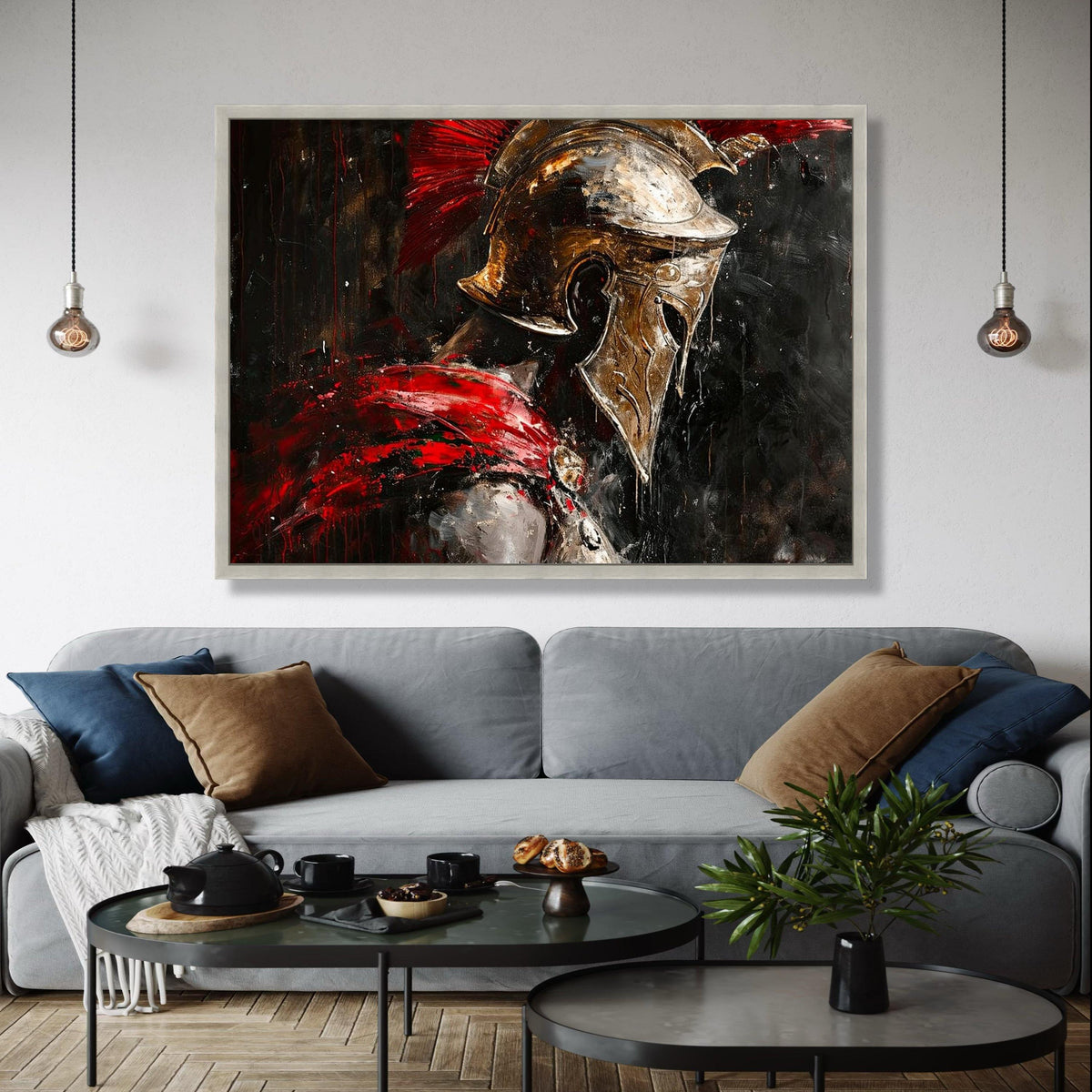 Spartan Warrior Helmet Canvas, Ancient Gladiator Wall Art, Red and Gold Armor Painting, Medieval Soldier Canvas, Gift Art, Home Decor, Print