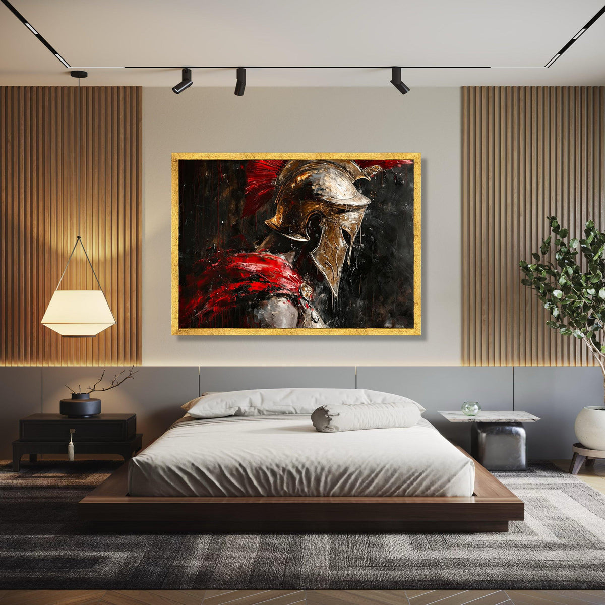 Spartan Warrior Helmet Canvas, Ancient Gladiator Wall Art, Red and Gold Armor Painting, Medieval Soldier Canvas, Gift Art, Home Decor, Print