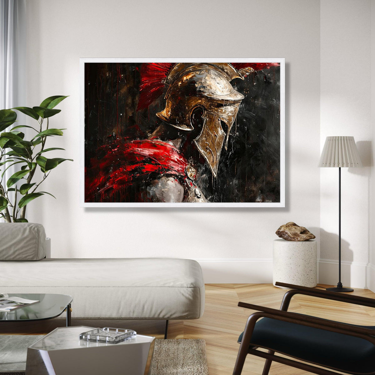 Spartan Warrior Helmet Canvas, Ancient Gladiator Wall Art, Red and Gold Armor Painting, Medieval Soldier Canvas, Gift Art, Home Decor, Print