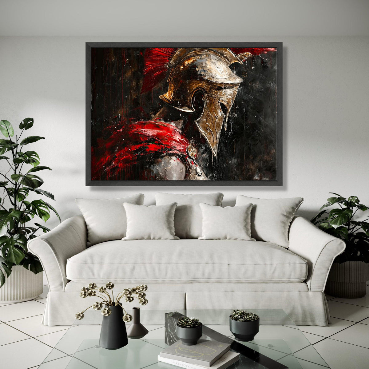 Spartan Warrior Helmet Canvas, Ancient Gladiator Wall Art, Red and Gold Armor Painting, Medieval Soldier Canvas, Gift Art, Home Decor, Print