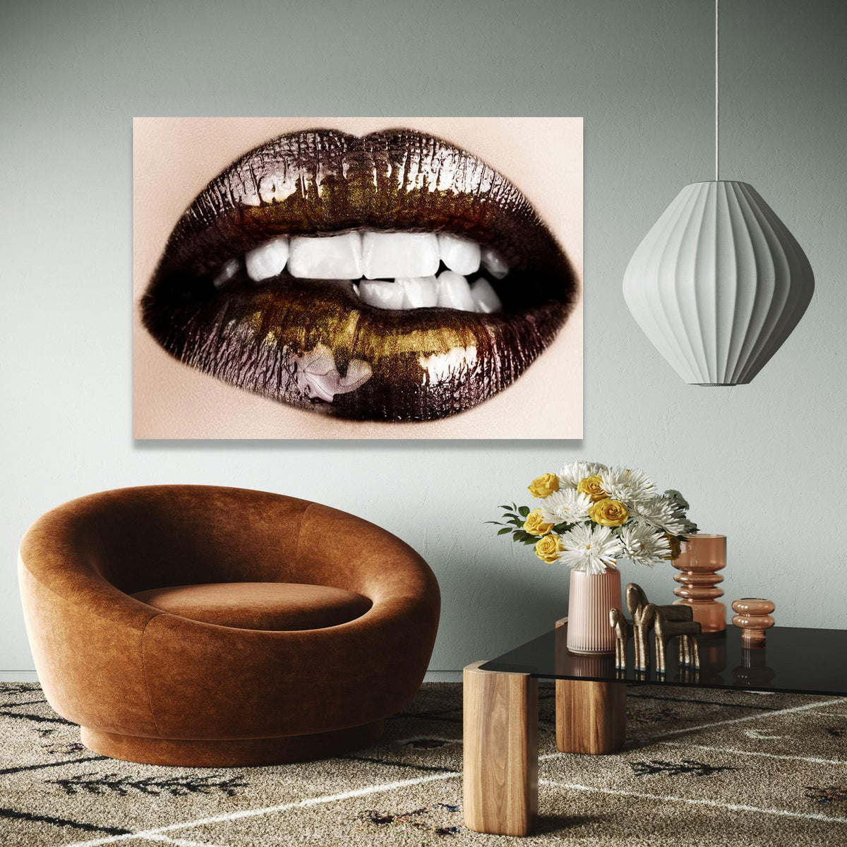 Glossy Black and Gold Lips Canvas, Modern Makeup Art, Sexy Lip Close-Up Wall Art, Glamour Beauty Decoration, Gift Art, Home Decor, Print