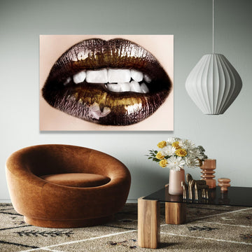 Glossy Black and Gold Lips Canvas, Modern Makeup Art, Sexy Lip Close-Up Wall Art, Glamour Beauty Decoration, Gift Art, Home Decor, Print