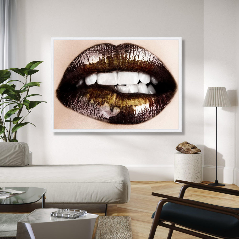 Glossy Black and Gold Lips Canvas, Modern Makeup Art, Sexy Lip Close-Up Wall Art, Glamour Beauty Decoration, Gift Art, Home Decor, Print