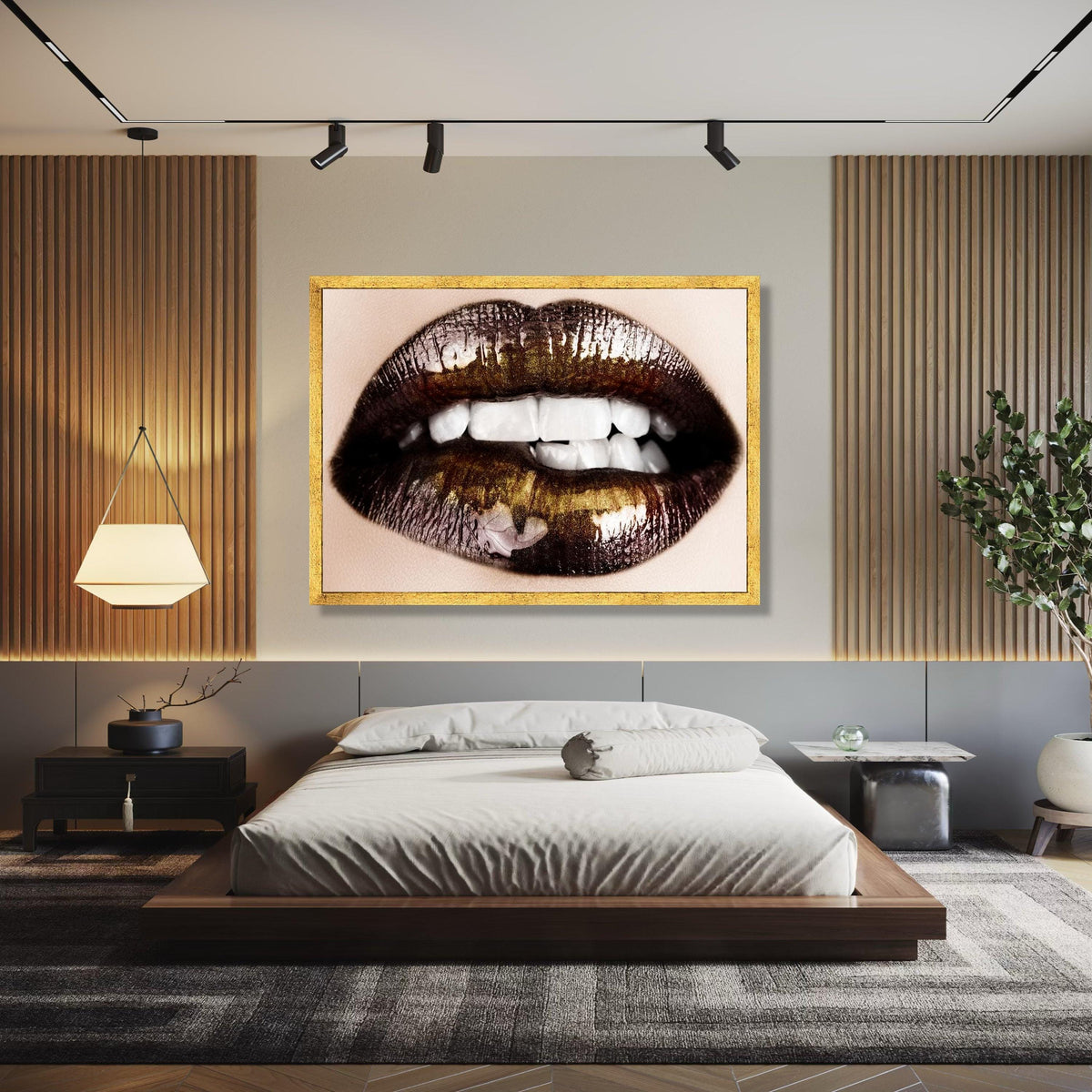 Glossy Black and Gold Lips Canvas, Modern Makeup Art, Sexy Lip Close-Up Wall Art, Glamour Beauty Decoration, Gift Art, Home Decor, Print