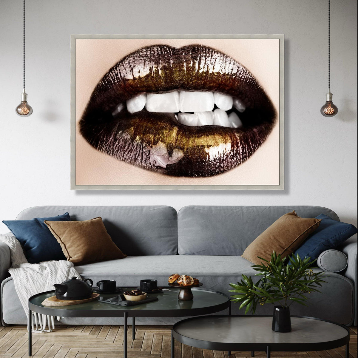 Glossy Black and Gold Lips Canvas, Modern Makeup Art, Sexy Lip Close-Up Wall Art, Glamour Beauty Decoration, Gift Art, Home Decor, Print