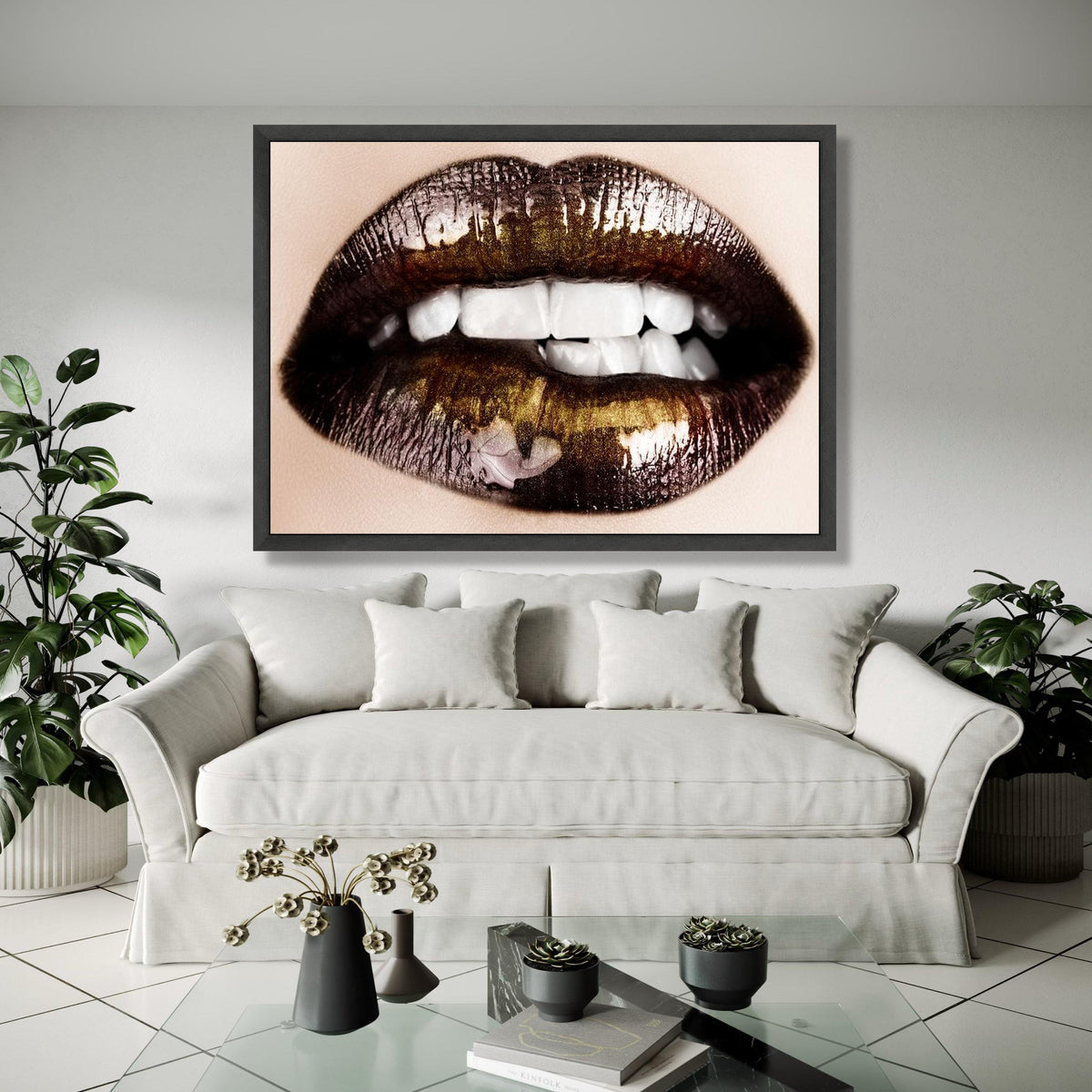 Glossy Black and Gold Lips Canvas, Modern Makeup Art, Sexy Lip Close-Up Wall Art, Glamour Beauty Decoration, Gift Art, Home Decor, Print